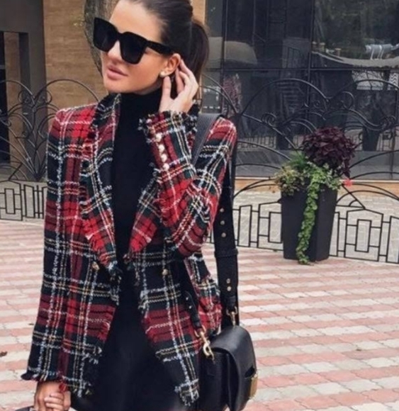 Rachel Zoe Tweed Plaid Red Black Jacket - Picture 6 of 17